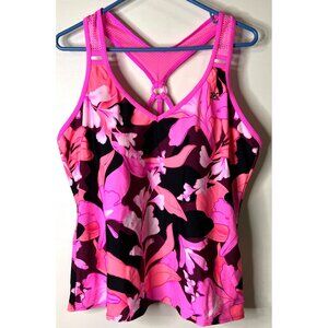 Pink Floral Racerback Tankini Swim Top With Mesh Detail & Built-In Bra